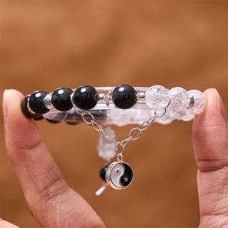 Buddha Gift Silver Sheen Obsidian Crackle Clear Quartz Black Rutilated Quartz Yin Yang Lotus Protection Bracelet