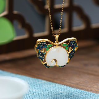 Buddha Gift White Jade Elephant Butterfly Lotus Success Necklace Chain Pendant