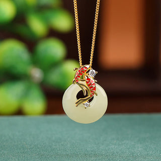 Buddha Gift 925 Sterling Silver Hetian Jade Peace Buckle Koi Fish Luck Necklace Pendant