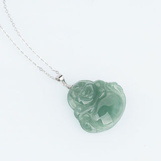 Buddha Gift 925 Sterling Silver Laughing Buddha Jade Protection Calm Necklace Chain Pendant