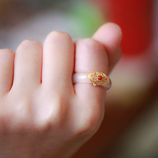 Buddha Gift White Agate Cyan Jade Turquoise Red Agate Luck Protection Ring