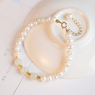 Buddha Gift 14K Gold Plated Natural Pearl Hetian Cyan Jade White Jade Sincerity Bead Chain Bracelet