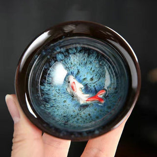 Buddha Gift Small Koi Fish Blue Kiln Change Chinese Jianzhan Ceramic Teacup Kung Fu Tea Cup 75ml