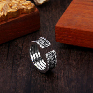 Buddha Gift 925 Sterling Silver Retro Tang Dynasty Flower Design Luck Adjustable Ring