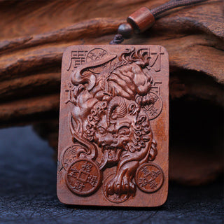 Buddha Gift Natural Lightning Struck Jujube Wood PiXiu Copper Coin Good Fortune Necklace Pendant
