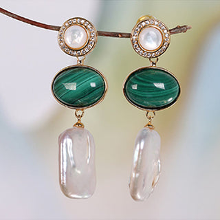 Buddha Gift 925 Sterling Silver Natural Baroque Pearl Malachite Healing Wisdom Drop Earrings