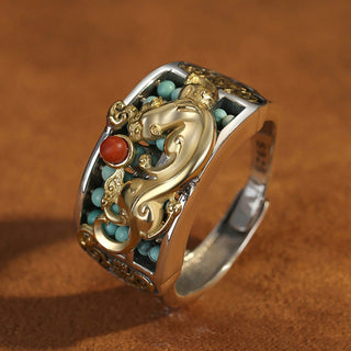 Buddha Gift 925 Sterling Silver Turquoise Red Agate PiXiu Abacus Protection Ring