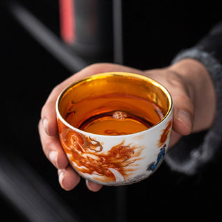 Buddha Gift Dragon Phoenix Crane Sun Ocean Waves Gilt Ceramic Teacup Kung Fu Tea Cup 170ml