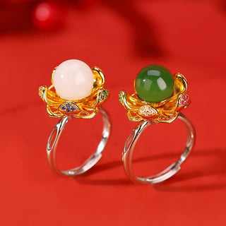 Buddha Gift 925 Sterling Silver White Jade Cyan Jade Lotus Flower Success Ring