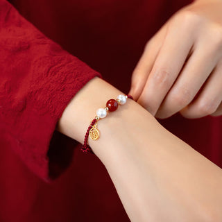 Buddha Gift 925 Sterling Silver Good Fortune Fu Character Agate Pearl Red String Braid Bracelet