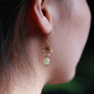 Buddha Gift Hetian Jade Flower Pattern 14K Gold Plated Luck Drop Dangle Earrings