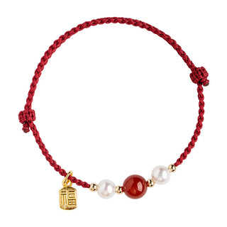 Buddha Gift 925 Sterling Silver Good Fortune Fu Character Agate Pearl Red String Braid Bracelet