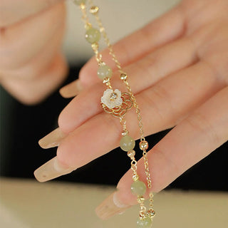 Buddha Gift 14K Gold Plated Jade Butterfly Tridacna Stone Flower Double Layer Luck Bracelet