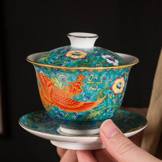 Buddha Gift Dragon Phoenix Flower Design Ceramic Gaiwan Sancai Teacup Kung Fu Tea Cup And Saucer With Lid