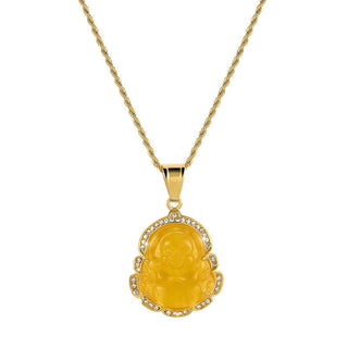 Buddha Gift 18K Gold Filled Laughing Buddha Jade Luck Necklace Chain Pendant
