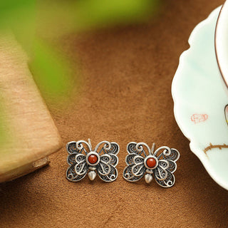 Buddha Gift 925 Sterling Silver Red Agate Butterfly Self-acceptance Ring Earrings Set