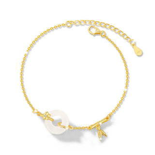 Buddha Gift 925 Sterling Silver Hetian Jade Chalcedony Peace Buckle Bamboo Leaf Prosperity Chain Bracelet