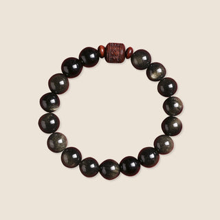 Buddha Gift Natural Gold Sheen Obsidian Rainbow Obsidian Om Mani Padme Hum Fu Character Healing Bracelet