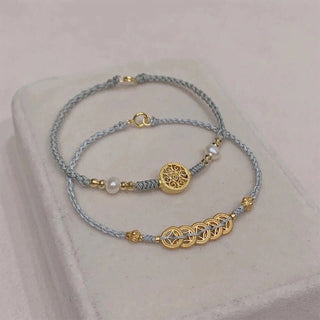 Buddha Gift Copper Coin Fortune Tree Pearl Luck Blue Rope Braided Bracelet