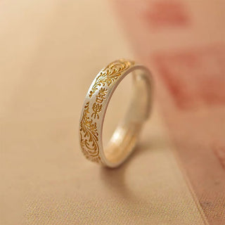 Buddha Gift 999 Sterling Silver Gold-Painted Joyful Flower Pattern Peaceful Heart Sutra Ring