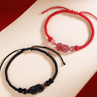 Buddha Gift Handmade Natural Silver Sheen Obsidian Strawberry Quartz PiXiu Protection Braided Bracelet
