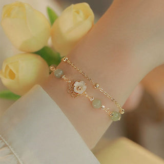 Buddha Gift 14K Gold Plated Jade Butterfly Tridacna Stone Flower Double Layer Luck Bracelet