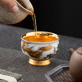 Buddha Gift Golden Eagle Auspicious Dragon Sun Ocean Waves Gilt Ceramic Teacup Kung Fu Tea Cup