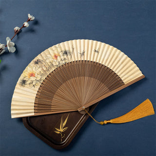 Buddha Gift Lotus Dragonfly Wild Geese Plum Blossom Handheld Silk Bamboo Folding Fan 22.5cm