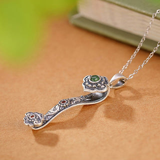 Buddha Gift 925 Sterling Silver Red Agate Cyan Jade Auspicious Clouds Ruyi Handle Blessing Necklace Pendant