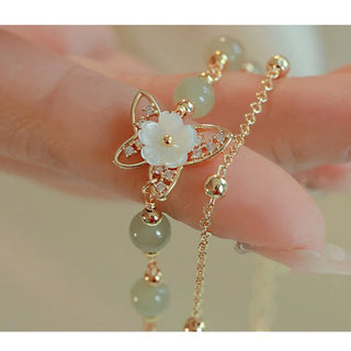Buddha Gift 14K Gold Plated Jade Butterfly Tridacna Stone Flower Double Layer Luck Bracelet