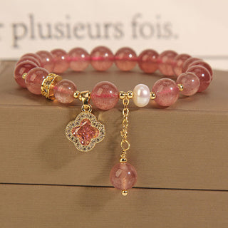Buddha Gift Strawberry Quartz Pearl Four Leaf Clover Charm Healing Bracelet