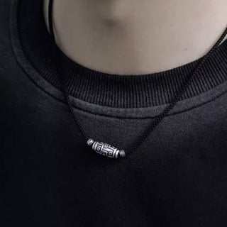 Buddha Gift 999 Sterling Silver Nine-Eye Dzi Bead Pattern Protection Rope Necklace Pendant