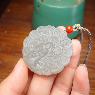 Buddha Gift White Jade Peacock Protection Blessing Necklace Pendant