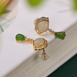Buddha Gift White Jade Cyan Jade Fan Water Drop Pattern Luck Drop Earrings