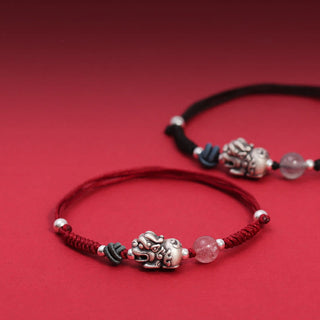Buddha Gift 999 Sterling Silver PiXiu Strawberry Quartz Bead Wealth Luck Braided Bracelet