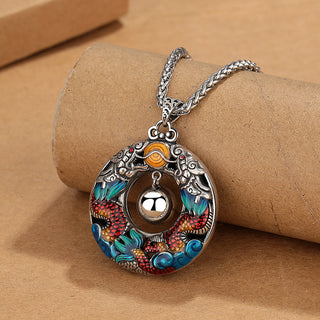 Buddha Gift Year of the Dragon Colorful Double Dragons Playing Bead Copper Protection Necklace Pendant