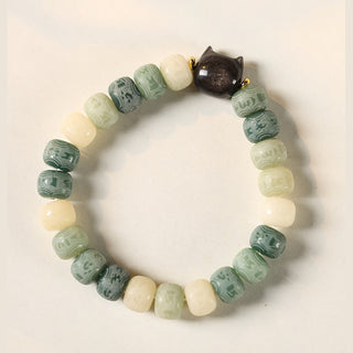 Buddha Gift Bodhi Seed Silver Sheen Obsidian Cat Head Om Mani Padme Hum Engraved Harmony Bracelet