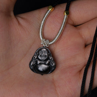 Buddha Gift Natural Silver Sheen Obsidian Laughing Buddha Protection Necklace Pendant