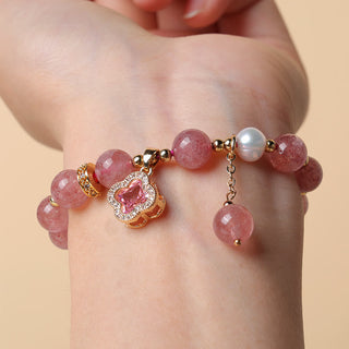 Buddha Gift Strawberry Quartz Pearl Four Leaf Clover Charm Healing Bracelet