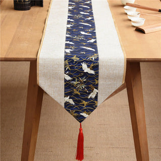 Buddha Gift Classic Chinese Style Lotus Koi Fish Flower Crane Calligraphy Enlightenment Cotton Linen Tassels Table Runner