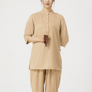 Buddha Gift 2Pcs Solid Color Three Quarter Shirt Top Pants Meditation Zen Tai Chi Cotton Linen Clothing Women's Set