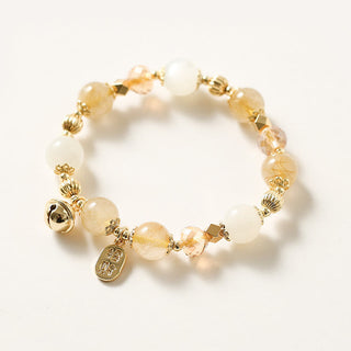 Buddha Gift 14K Gold Plated Golden Rutilated Quartz Wealth Bell Lucky Fortune Charm Bracelet