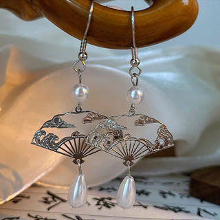 Buddha Gift Copper Fan Auspicious Clouds Pearl Healing Drop Earrings
