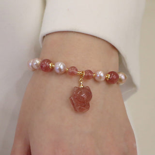Buddha Gift Natural Pearl Strawberry Quartz Cute Fox Love Healing Charm Bracelet