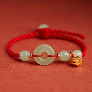 Buddha Gift Round Peace Buckle Jade Lotus Happiness Abundance Wealth String Bracelet