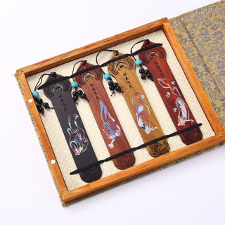 Buddha Gift 4Pcs Four Seasons Plum Orchid Bamboo Chrysanthemum Peking Opera Mask Wood Bookmarks With Gift Box