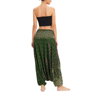 Buddha Gift Two Style Wear Peacock Feather Loose Smocked Harem Trousers Jumpsuit High Waist Pants