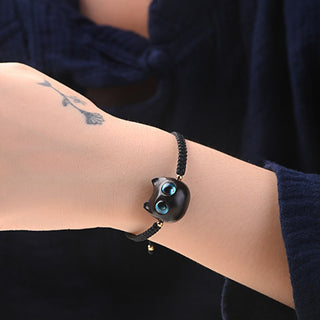 Buddha Gift Small Leaf Red Sandalwood Ebony Wood Cute Cat Head Calm Protection Braided Bracelet