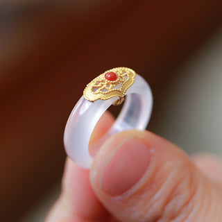 Buddha Gift White Agate Cyan Jade Turquoise Red Agate Luck Protection Ring