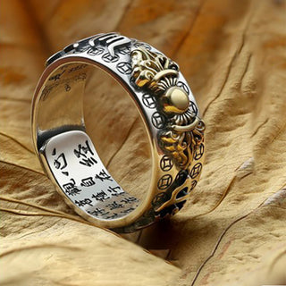 Buddha Gift Tibetan 990 Sterling Silver Om Mani Padme Hum PiXiu Dorje Vajra Heart Sutra Engraved Wealth Ring